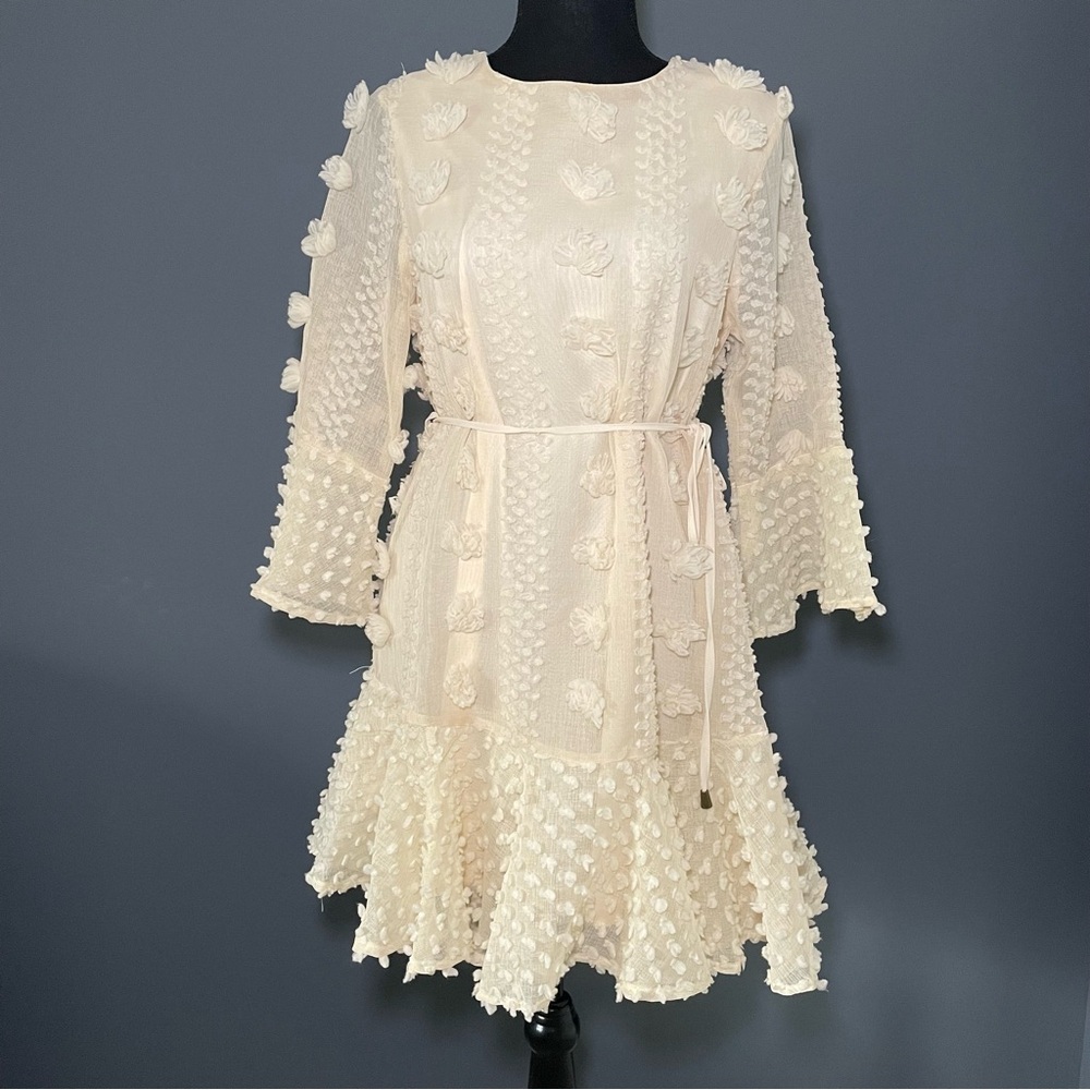 Entro Sheer Lined Pom Pom Mini Dress Cream Size Small